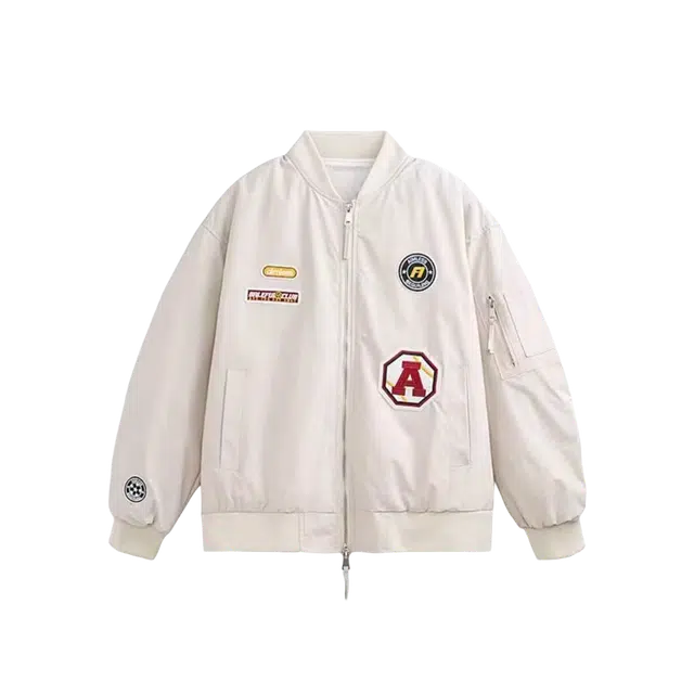 寻星记 美式复古高街潮牌拼接撞色个性字母徽章宽松显瘦防风保暖百搭外套夹克 男女同款
