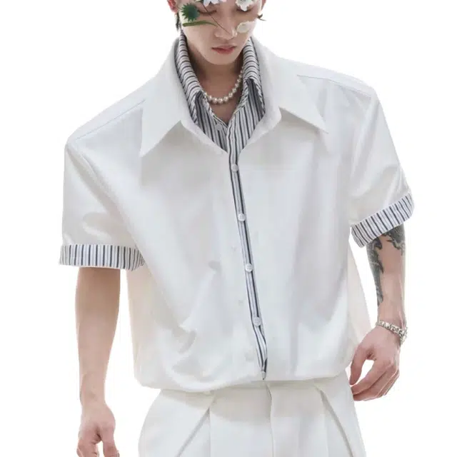 艾梵斯贝 美式复古潮流小众设计款假两件高级感无性别宽松休闲时尚学院风日常通勤百搭层次感潮酷高街风翻领衬衫 男女同款