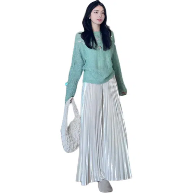 缪斯的诱惑 小清新圆领针织衫女秋设计感亮片镂空上衣高级感百搭小衫裙装套装 女款