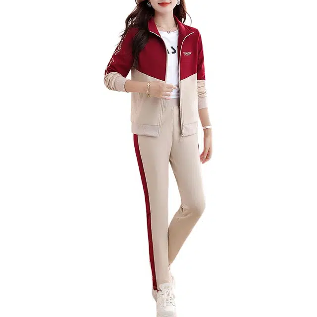 缪斯的诱惑 时尚潮流洋气减龄妈妈装合身适中挺括有型拼接撞色修身显瘦开衫拉链立领上衣夹克外套百搭直筒宽松长裤两件套运动休闲套装 女款