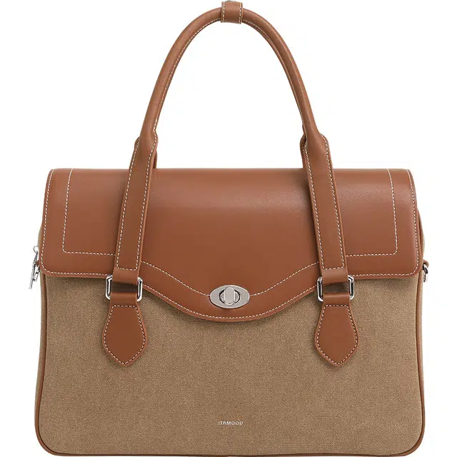 妙迪 复古百搭大容量商务高级感拼接 织物 电脑包 常规 男女同款情侣款 棠梨褐