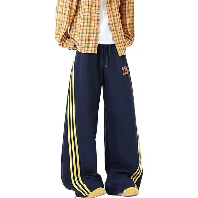 潮人榜 美式复古街头三条杠撞色设计感百搭潮牌阔腿卫裤秋冬款宽松垂感弯刀休闲裤 男女同款