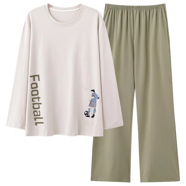 俏霓桐 简约人物圆领纯棉亲肤休闲百搭可爱舒适长袖长裤家居服可外穿睡衣套装 男款