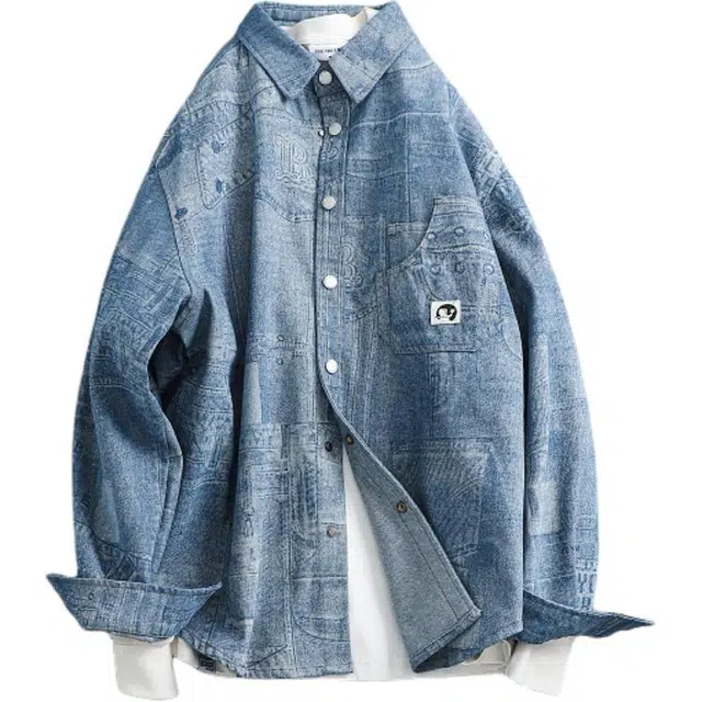 宫奴 日系休闲潮牌贴标设计感水洗印染宽松牛仔衬衫 男女同款