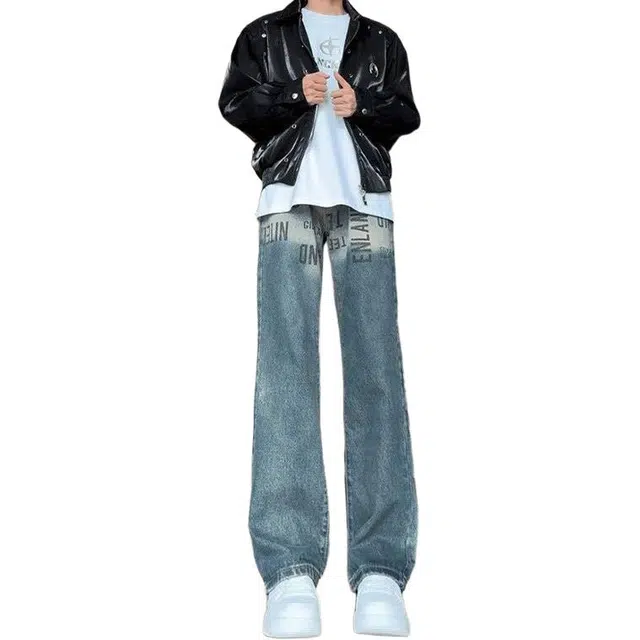 大格子与黑猫 秋冬潮牌复古微喇设计感小众美式裤子窄版直筒牛仔裤 男款