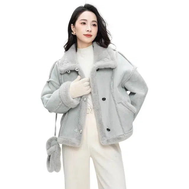 邓大喵 小个子毛毛拼接设计感加厚机车服女冬季宽松休闲立领外套 女款