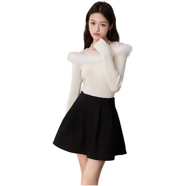 敲模女孩 纯欲风一字肩毛领拼接高级感轻奢气质修身上衣针织衫 女款