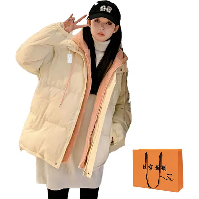 丝絮丝绸 冬季假两件设计感宽松连帽加厚保暖服棉衣棉服 女款