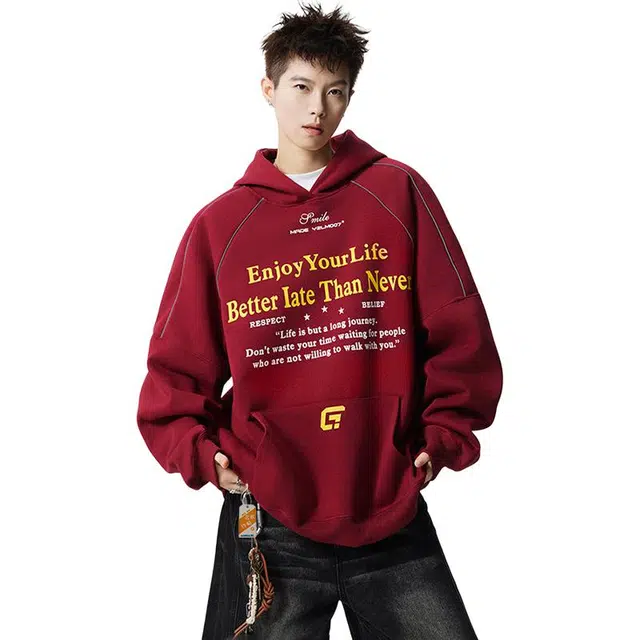 北欧攻略 美式复古字母高级感印花反光条连帽男加肥大码宽松潮牌重磅帽衫外套卫衣 男女同款