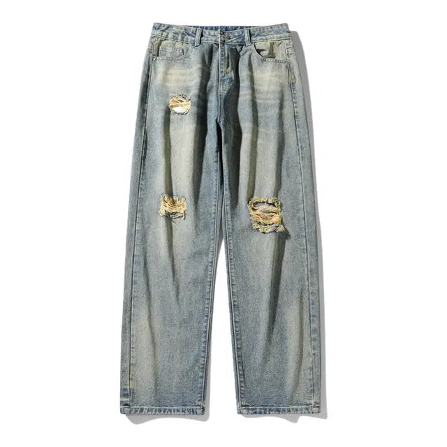 海尔斯 休闲破洞宽松直筒舒适百搭牛仔裤 男款