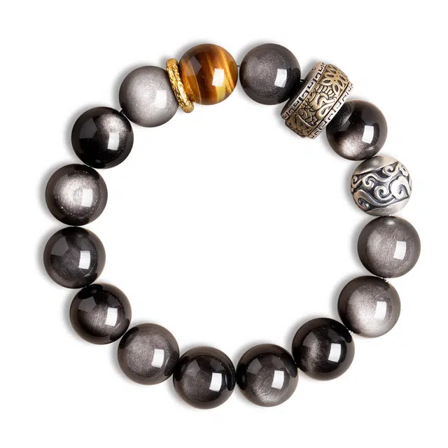 一世倾 福禄吉祥新中式简约高级气质复古精致国潮风时尚本命年时来运转转运珠弹力绳手饰礼盒#好运天然 黑曜石 手串 男女同款情侣款