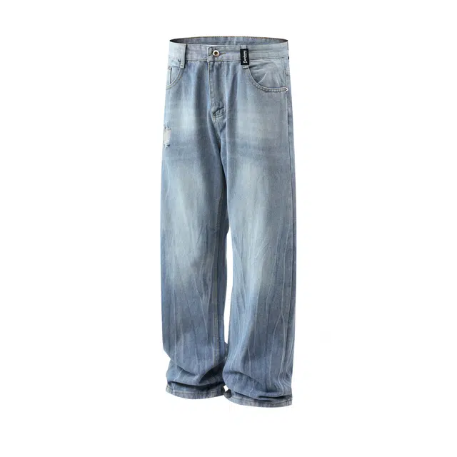 敦煌博物馆 美式高街水洗做旧手工磨破闪电纹高级感直筒垂感微喇显高显瘦长裤中腰系带潮流嘻哈风百搭休闲牛仔裤 男女同款