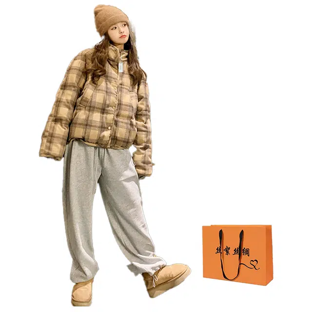 丝絮丝绸 高级感超好看时尚格纹加厚保暖外套棉服 女款