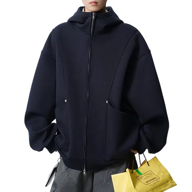 冈哉 解构拼接纯色简约拉链开衫连帽设计美式复古学院风宽松百搭日常通勤休闲垂感时尚潮流卫衣 男女同款