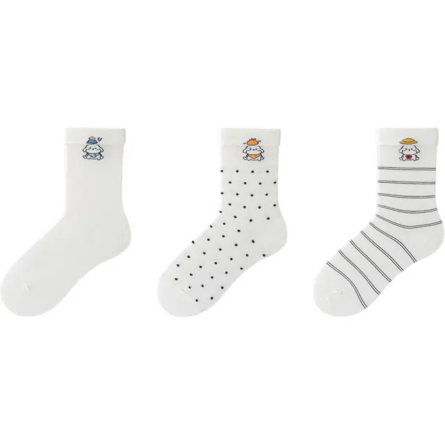 恒源祥 女士时尚纯色条纹刺绣柔软透气翻罗口带帽卡通动物无骨设计创意长袜中筒袜 女款