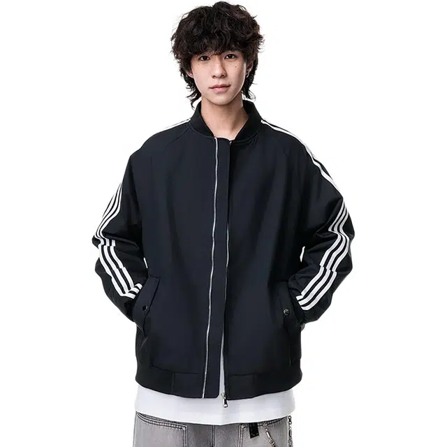 冈哉 工装美式复古拼接经典三条杠织带撞色立领痞帅飞行外套百搭个性潮流潮牌时尚慵懒感日常通勤柔软舒适亲肤夹克 男女同款