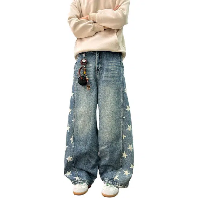 潮人榜 美式高街复古水洗侧边分割星星印花设计百搭潮牌中腰宽松舒适垂感牛仔裤 男女同款