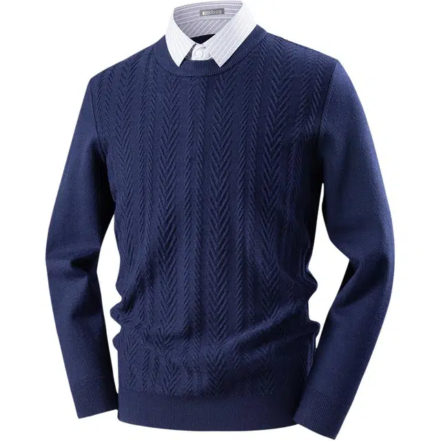 红豆 保暖加厚高档提花衬衫领假两件秋冬厚毛衣内搭打底衫上衣针织衫 男款