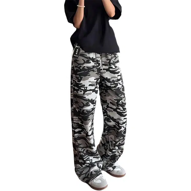 徐百货 美式复古迷彩弯刀卫裤潮牌宽松运动阔腿裤百搭微喇裤子舒适休闲裤 男女同款