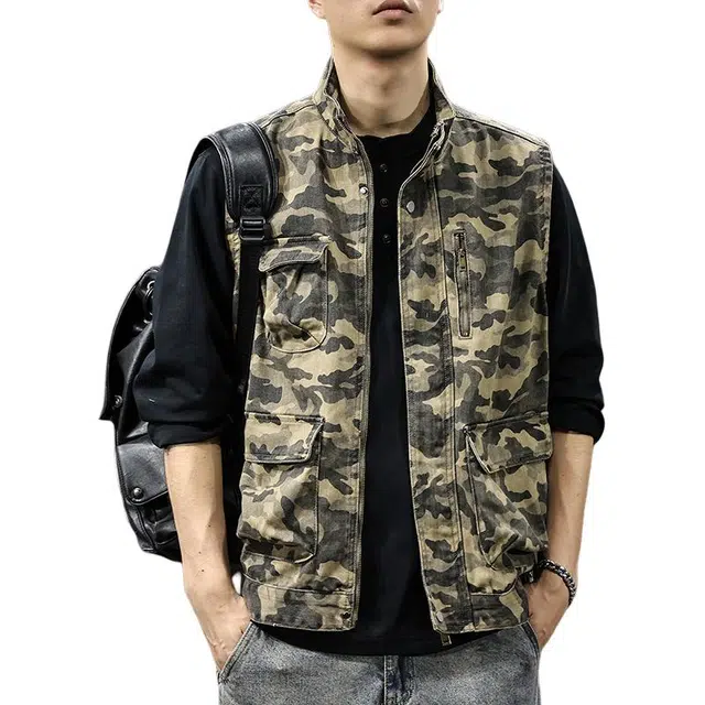 前进牛 美式休经典复古山系户外迷彩工装男潮流军事风多口袋宽松坎肩纯棉钓鱼背心外套男马甲 男款