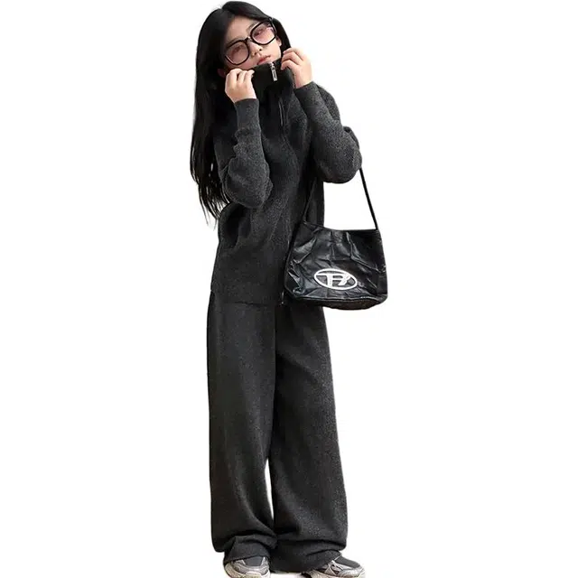 韩素伊休闲运动套装 女童秋装毛衣儿童韩版毛线开衫卫衣针织阔腿裤宝宝两件套 青少年