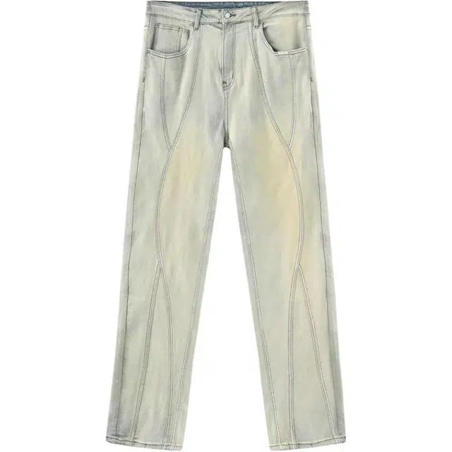 爱肯 水洗做旧复古不规则线条分割弹力柔软透气宽松直筒拼接废土风合身显瘦男款裤子春秋黄泥美式弯刀微喇无性别主义牛仔裤 男女同款