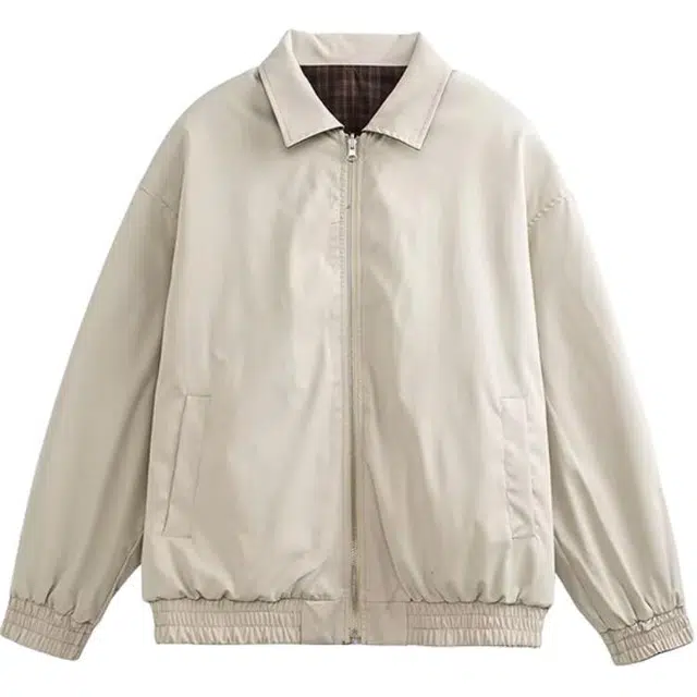 爱肯 春秋季款美式复古双面穿短款外套格子翻领高级感简约慵懒百搭休闲宽松情侣棒球服潮夹克 男女同款