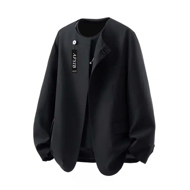 艾梵斯贝 新中式圆领简约设计款高级感日常通勤百搭宽松休闲商务气质轻奢潮流后中开衩西装 男款