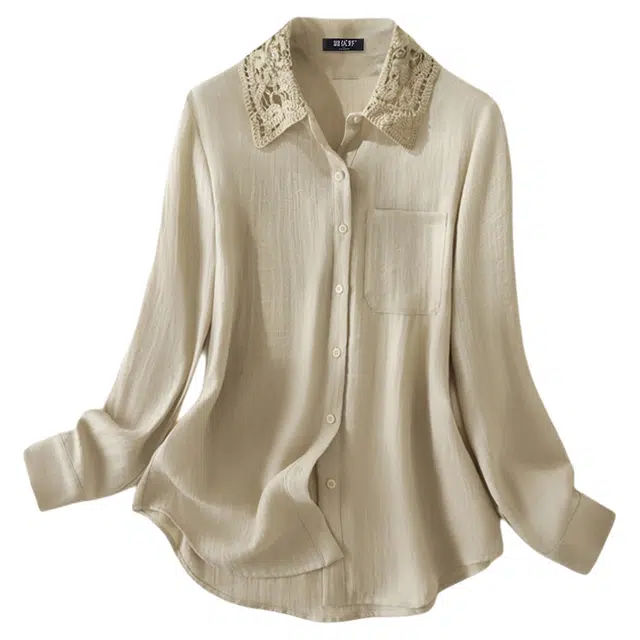 潞优野 轻奢设计感绣花莱赛尔亚麻领长袖通勤春秋款衬衫 女款