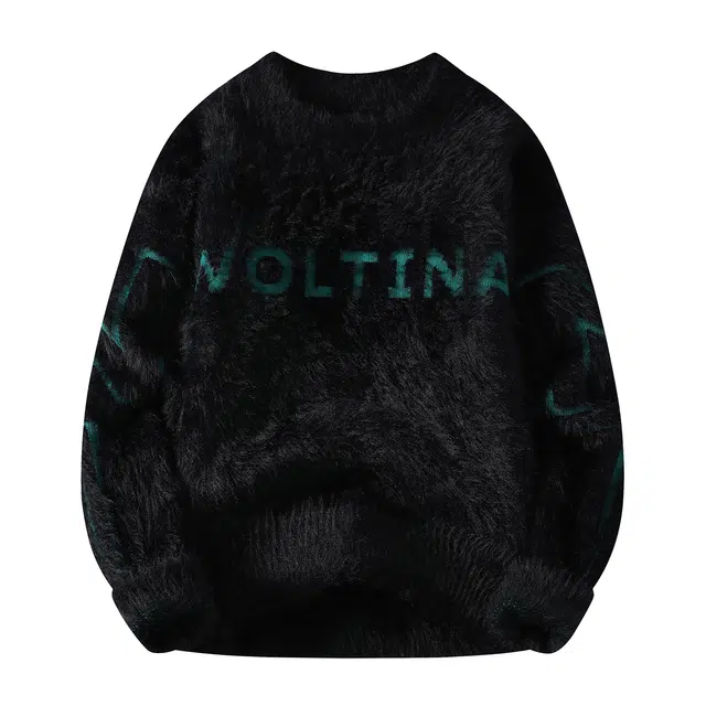 快鱼 美式复古高街学院风纯色字母印花圆领落肩袖设计潮流时尚宽松休闲舒适百搭毛衣打底针织衫 男女同款