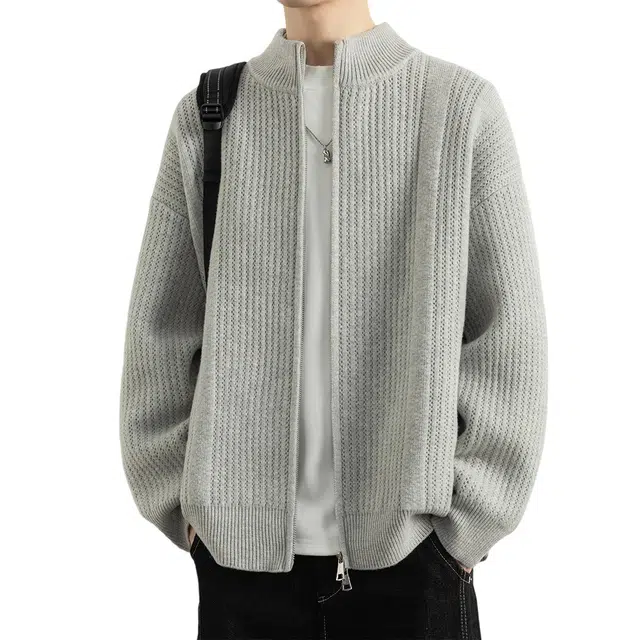 顶峰保罗 日系慵懒风潮牌立领双拉链开衫外套高街百搭无性别主义宽松大码休闲运动纯色上衣显高显瘦轻熟风毛衣 男女同款