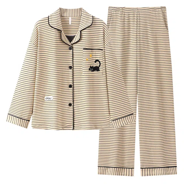 宫蝶 保暖德绒厚款卡通家居服宽松休闲可外穿条纹开衫冬季睡衣套装 女款
