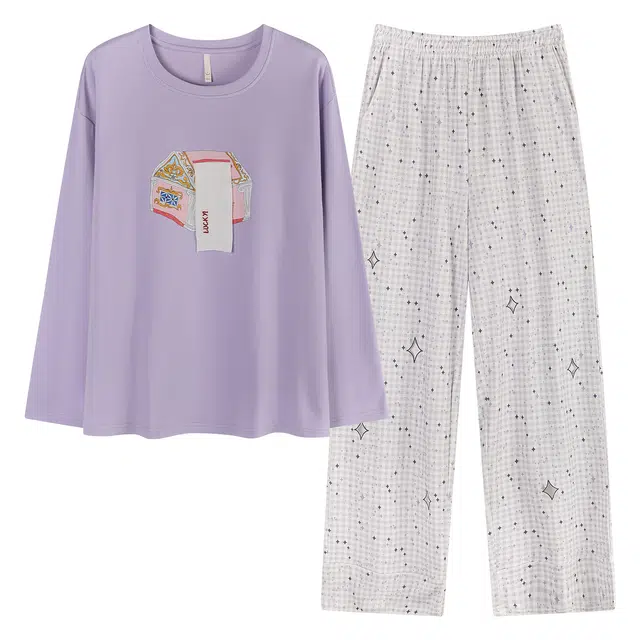 俏薇妮 春秋季拉架圆领套头简约宽松家居服睡衣套装  女款