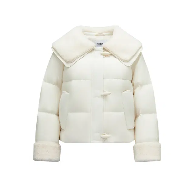 森马 拼接毛领面包服大翻领纯色插肩袖长袖甜美羽绒服 女款