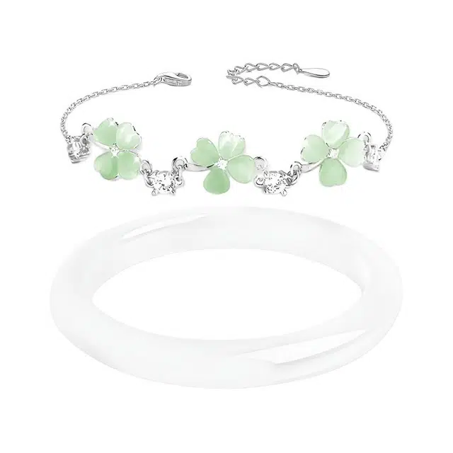 【美人镯 幸运四叶草】 百慕眸 国潮新中式古风气质优雅 白月光玻璃猫眼 桃花朵朵温柔 通勤百搭手饰手链叠戴套装#好运 琉璃 手镯 女款