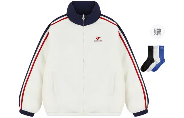 港仔文艺男 学院风美式复古撞色拼接条纹字母徽章立领插肩袖加厚保暖潮流百搭休闲宽松棉服外套 男女同款