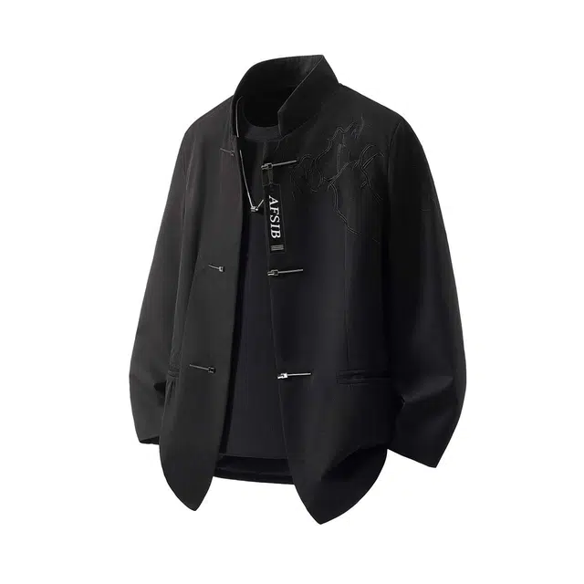 艾梵斯贝 新中式简约小众设计款荆棘立体刺绣高级感轻奢宽松休闲商务气质日常百搭个性街头潮流立领中山装西装 男款