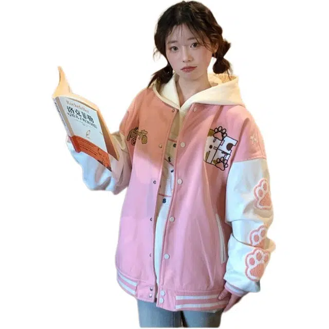 敲模女孩 学院风甜美猫爪刺绣棒球服外套女设计感撞色夹克 女款