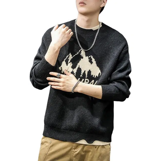 前进牛 秋季美式休闲经典复古潮牌山系户外印花重磅假两件圆领潮流百搭宽松大码设计感居家慵懒风毛线衣针织衫 男款