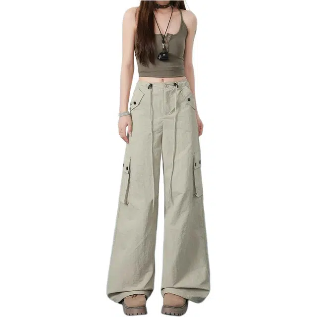如续 潮流工装风多口袋系带设计感直筒长裤百搭宽松阔腿裤脚抽绳休闲裤 女款