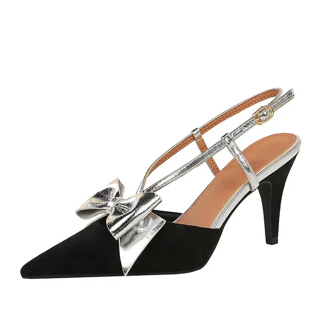 敦奴 皮革绒面 法式宴会  尖头一字扣撞色拼色  蝴蝶结  镂空 细跟 高跟鞋 女