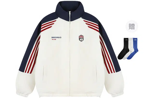 港仔文艺男 撞色拼接美式复古经典三条杠条纹徽章字母印花立领插肩袖加厚保暖休闲百搭宽松潮流棉服外套 男女同款