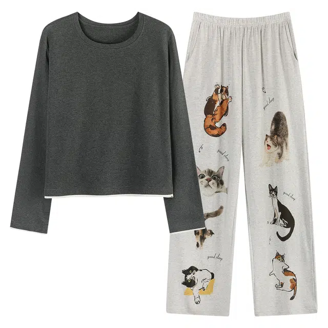 俏薇妮 春秋圆领休闲猫咪卡通长袖长裤家居服可外穿睡衣套装 女款
