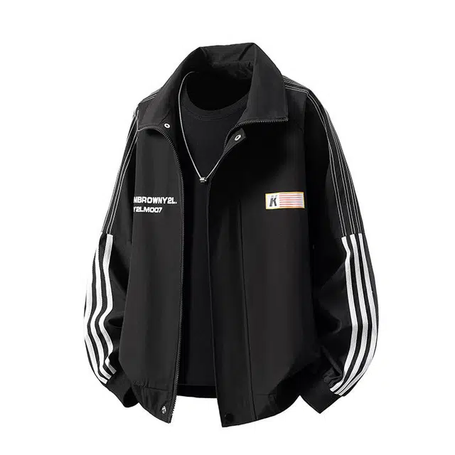 哲源 美式复古学院风上衣简约纯色字母印花侧边三条杠设计感春秋外套潮牌舒适日常通勤百搭宽松飞行员立领休闲夹克 男女同款