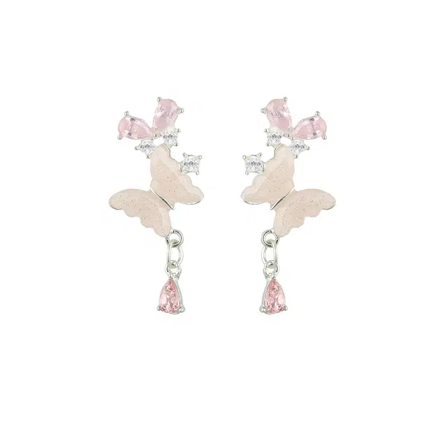 【粉色系奶油蝴蝶】 攸委 渐变粉水滴镶钻耳钉 气质甜美可爱少女心耳环高级感#好运 合金 小众设计感锆石吊坠时尚百搭耳饰小清新 女款