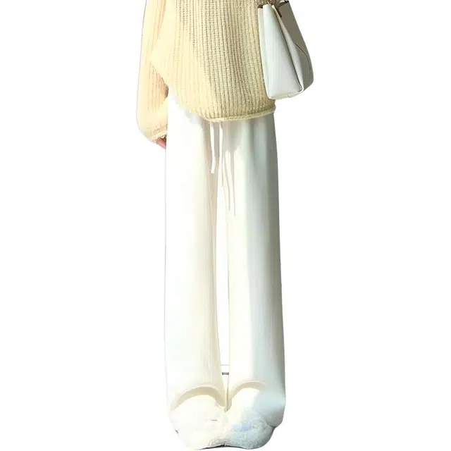 欧迪芬 白色纯色垂感人字纹通勤风直筒高腰长裤休闲裤 女款