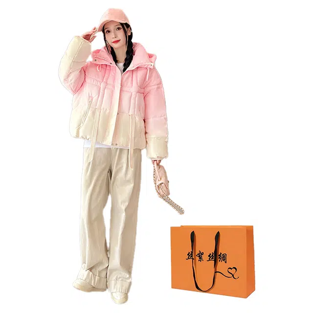 丝絮丝绸 渐变连帽小个子设计感超好看多巴胺外套棉服 女款