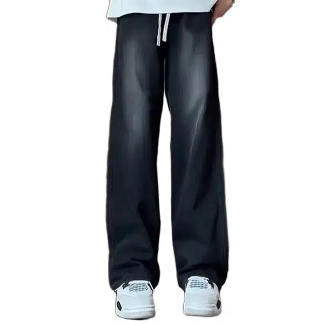 大格子与黑猫 直筒男士潮牌美式高街阔腿复古垂感水洗休闲长裤牛仔裤 男款