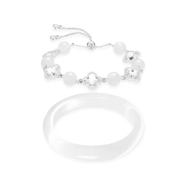 【美人镯 幸运四叶草】 百慕眸 国潮新中式气质优雅 白月光玻璃猫眼 温柔桃花朵朵 手饰手链叠戴套装#好运 琉璃 手镯 女款