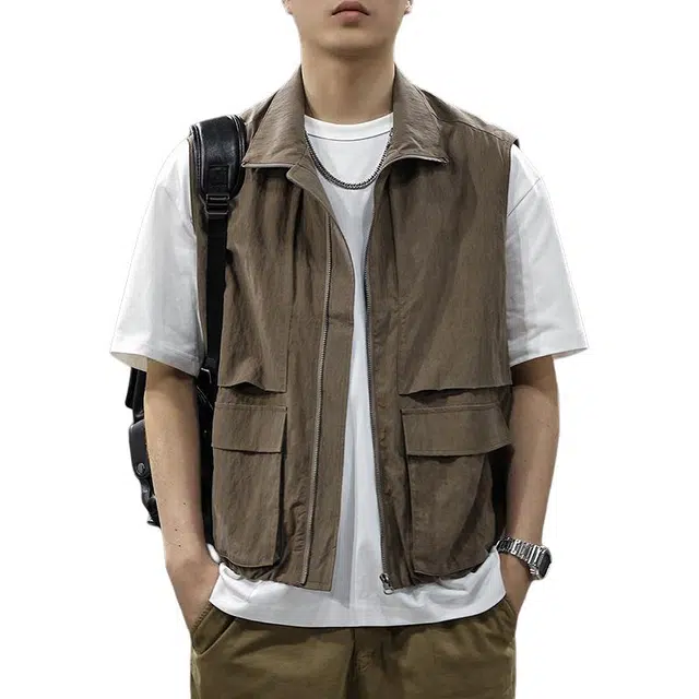 前进牛 美式复古休闲城市机能马甲 男款